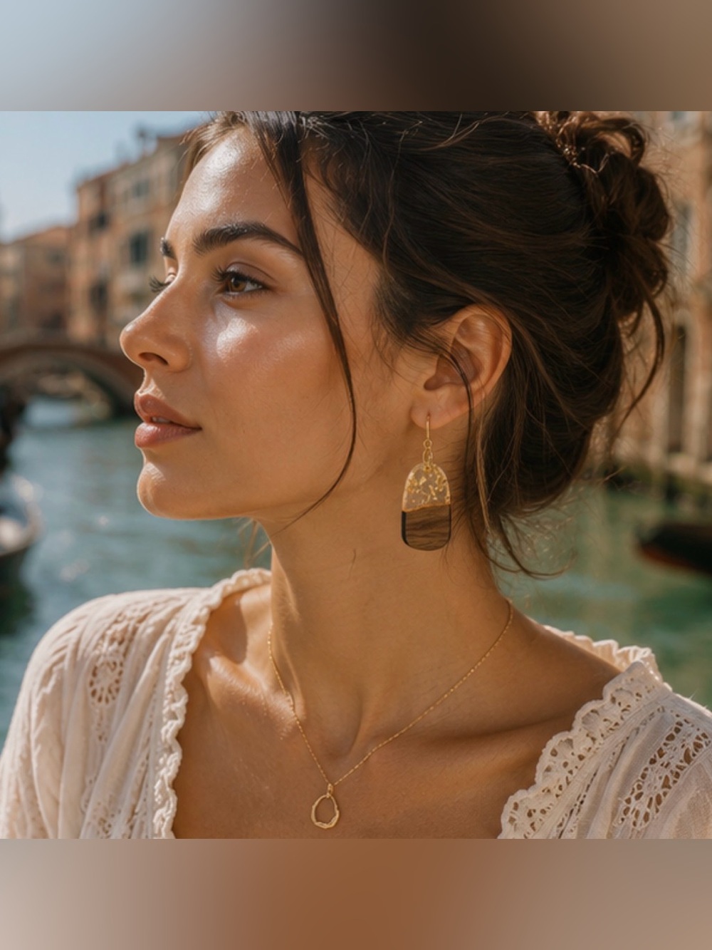 Handmade Wood & Resin Arch Dangle Earrings – Gold Leaf Boho Statement